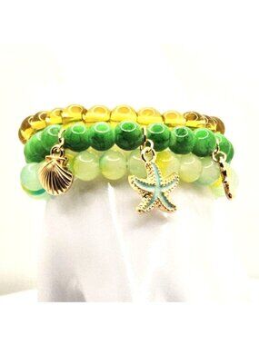 Green Beach Bracelet Set, Tropical Bracelet Stack, Starfish Bracelet Gift